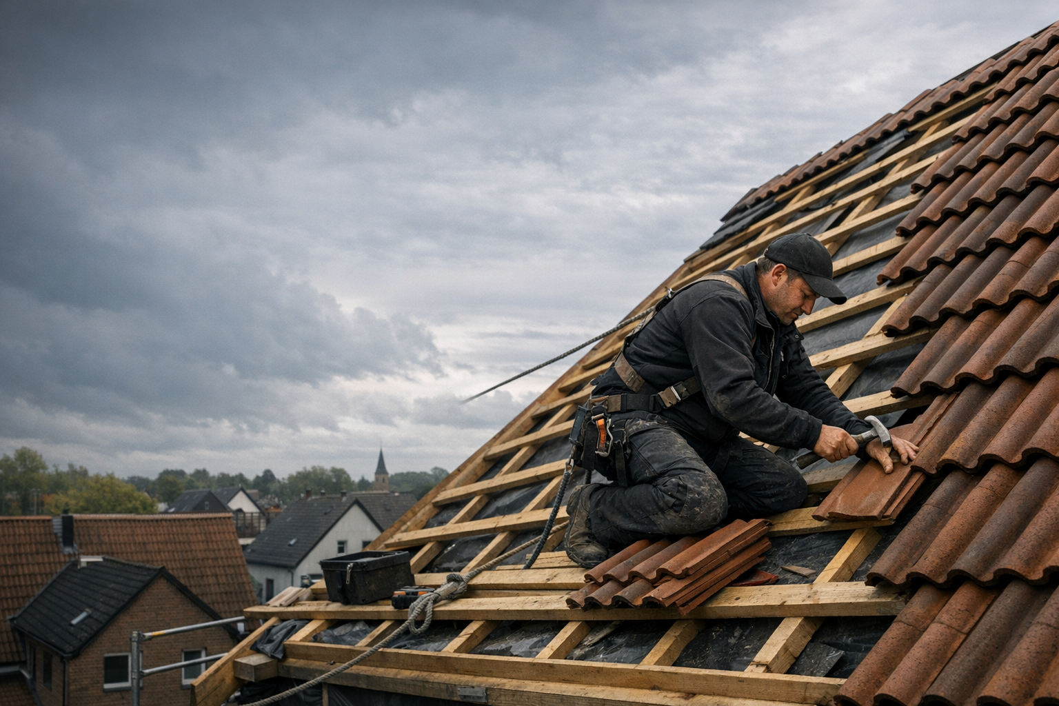 Dachdecker bei der Arbeit auf einem Steildach in Neuss