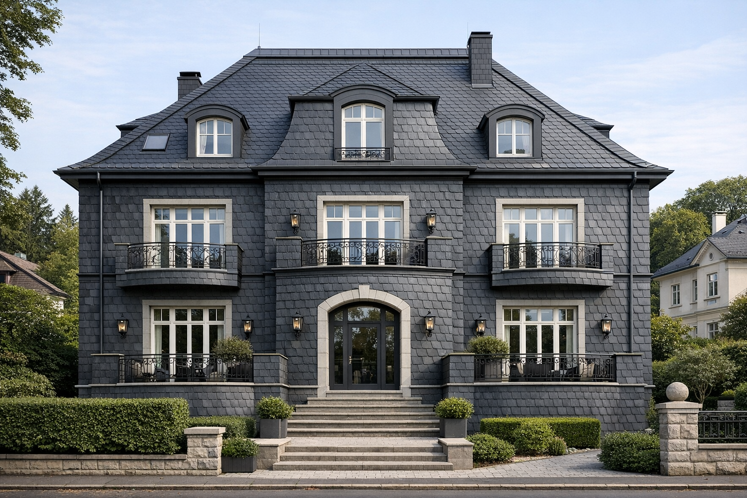 Hochwertige Schieferarbeiten an Dach und Fassade einer Stadtvilla